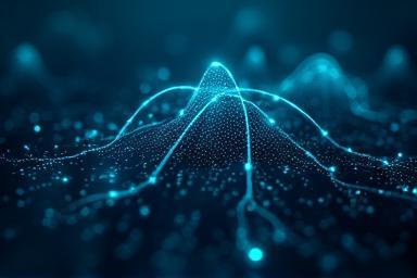 データサイエンスと機械学習の概念を示す抽象的なニューラルネットワークとグラフのイメージ