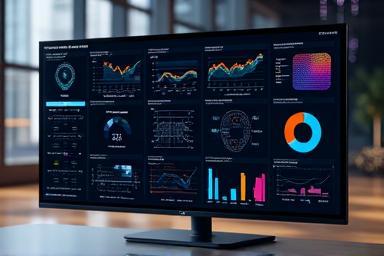 ビッグデータを視覚化するダッシュボードと分析グラフ、データの洞察を示す