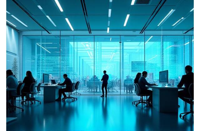 Aether AI Solutionsのサービス概要を示す未来的なワークスペースにAI技術が融合したイメージ